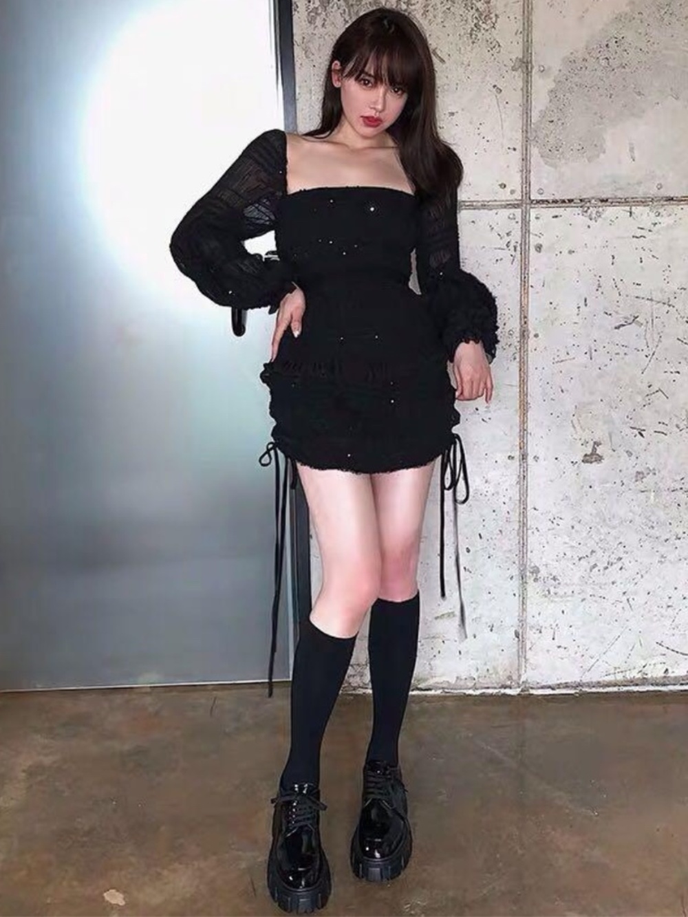 NEW Self-Portrait Shirred Chiffon Dress Black 6